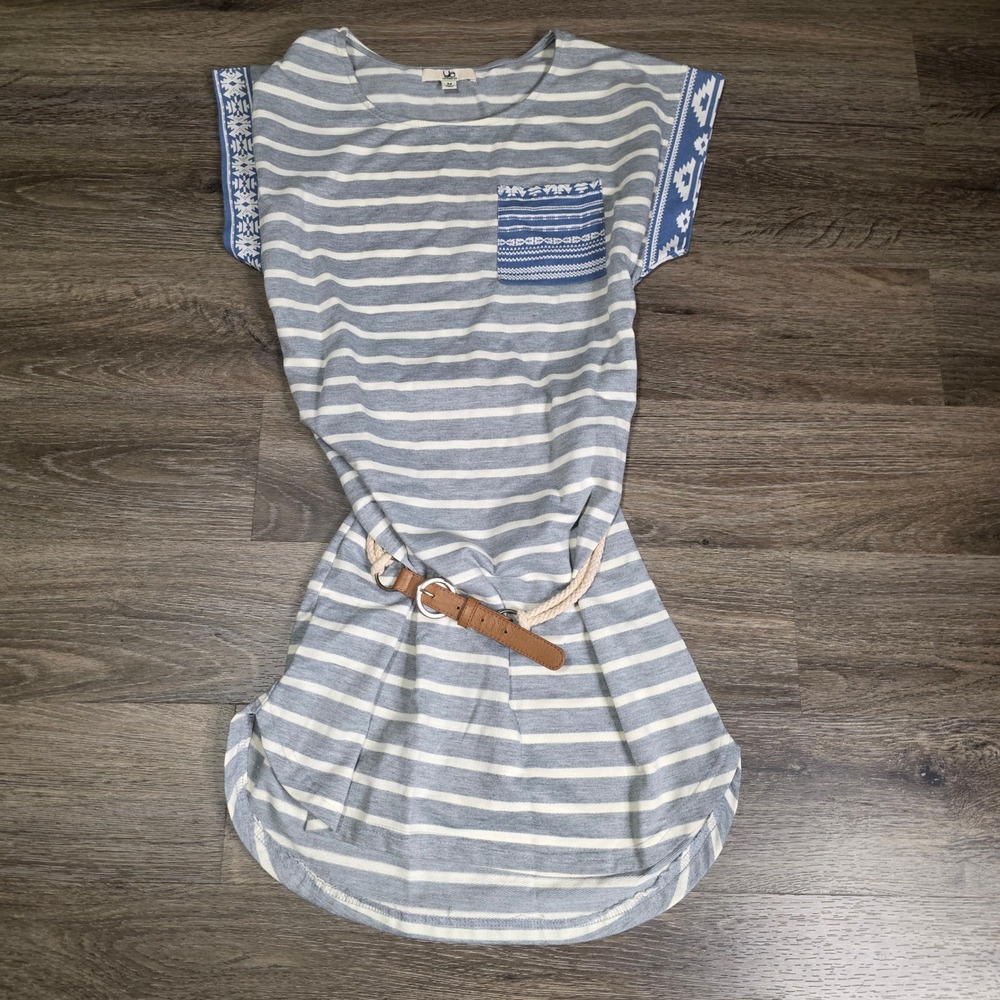 YA Los Angeles Womens M Mini Dress Blue White Striped Belted Geometric Trim Pock